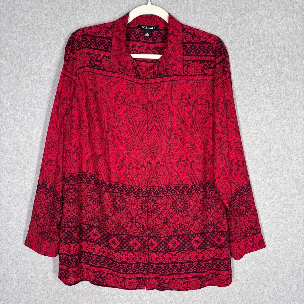 Roz Ali Paisley Medallion Button Down Shirt Blouse Medium Red Black Tunic Sheer